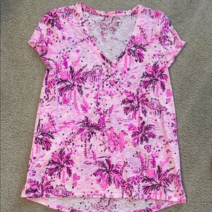 Lilly Pulitzer Pink and White Tropical V-Neck Tee